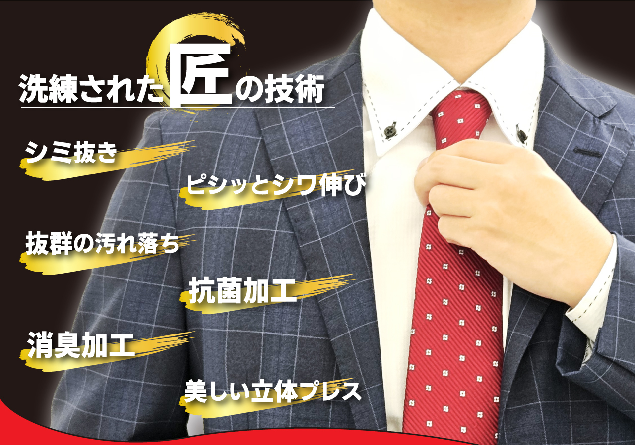 洗練された匠の技術 シミ抜き ピシッとシワ伸び 抜群の汚れ落ち 抗菌加工 消臭加工 美しい立体プレス
