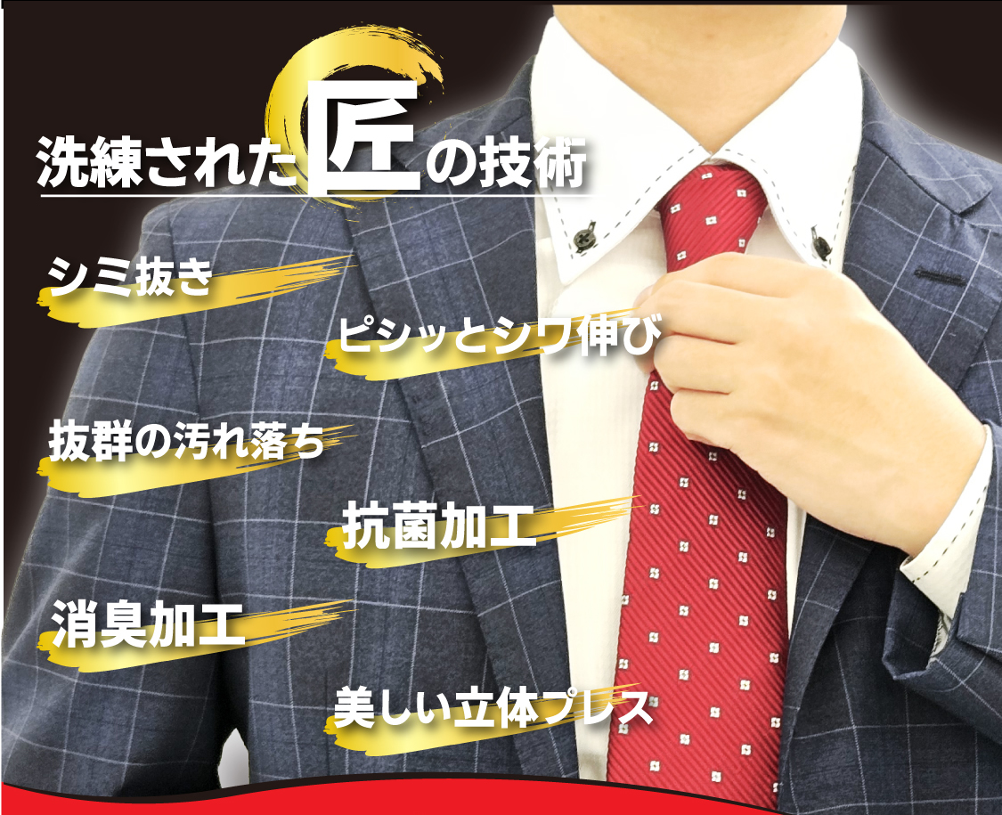 洗練された匠の技術 シミ抜き ピシッとシワ伸び 抜群の汚れ落ち 抗菌加工 消臭加工 美しい立体プレス